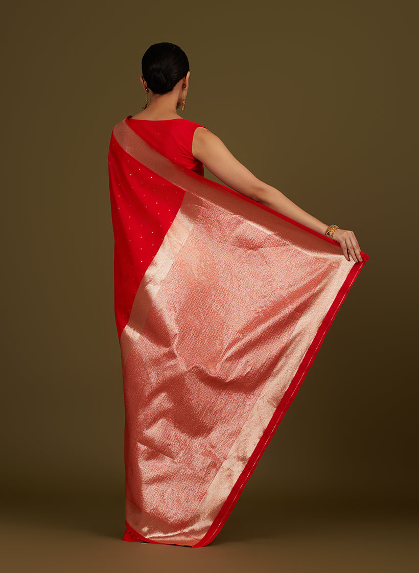 Red Woven Silk Blend Saree with Zari Work and Floral Motifs