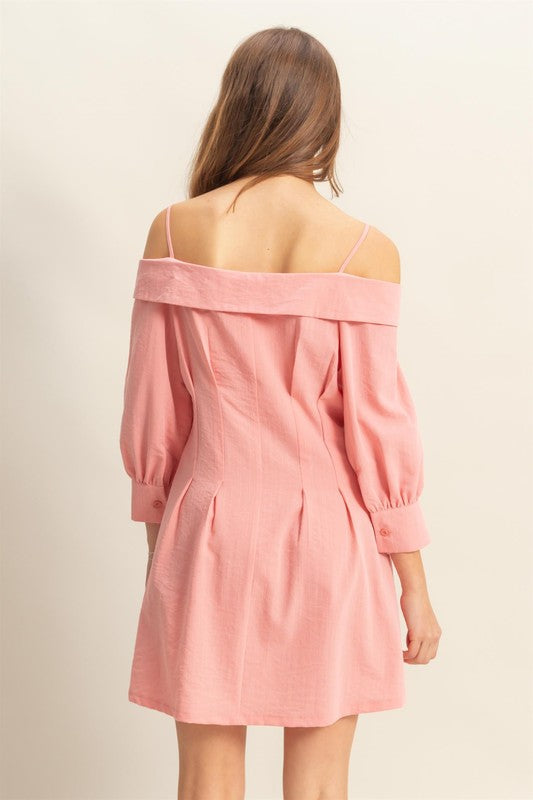 Button Down Spaghetti Strap Mini Dress with Pockets in Pink