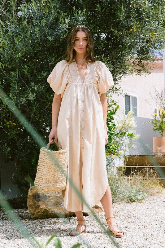 Smocked Puff Sleeve Midi Dress with Feminine Silhouette