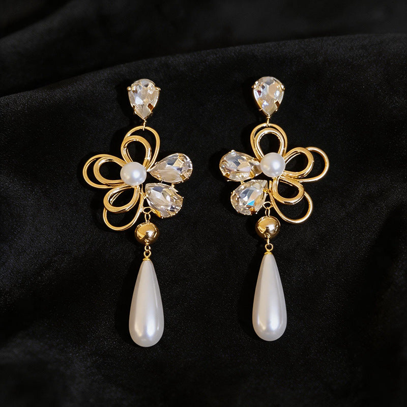 Women French Retro Exaggerated Cubic Zirconia Tassel Pearl Dangle Stud Earrings,Vintage Style Versatile Fashion Statement Jewelry For Party Occasion