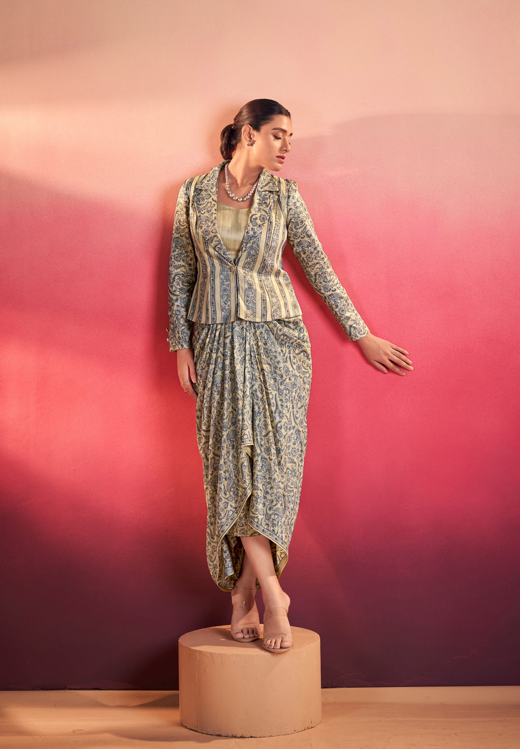 Multicolor Tasar Silk Printed Co-ord Set with Collared Blouse