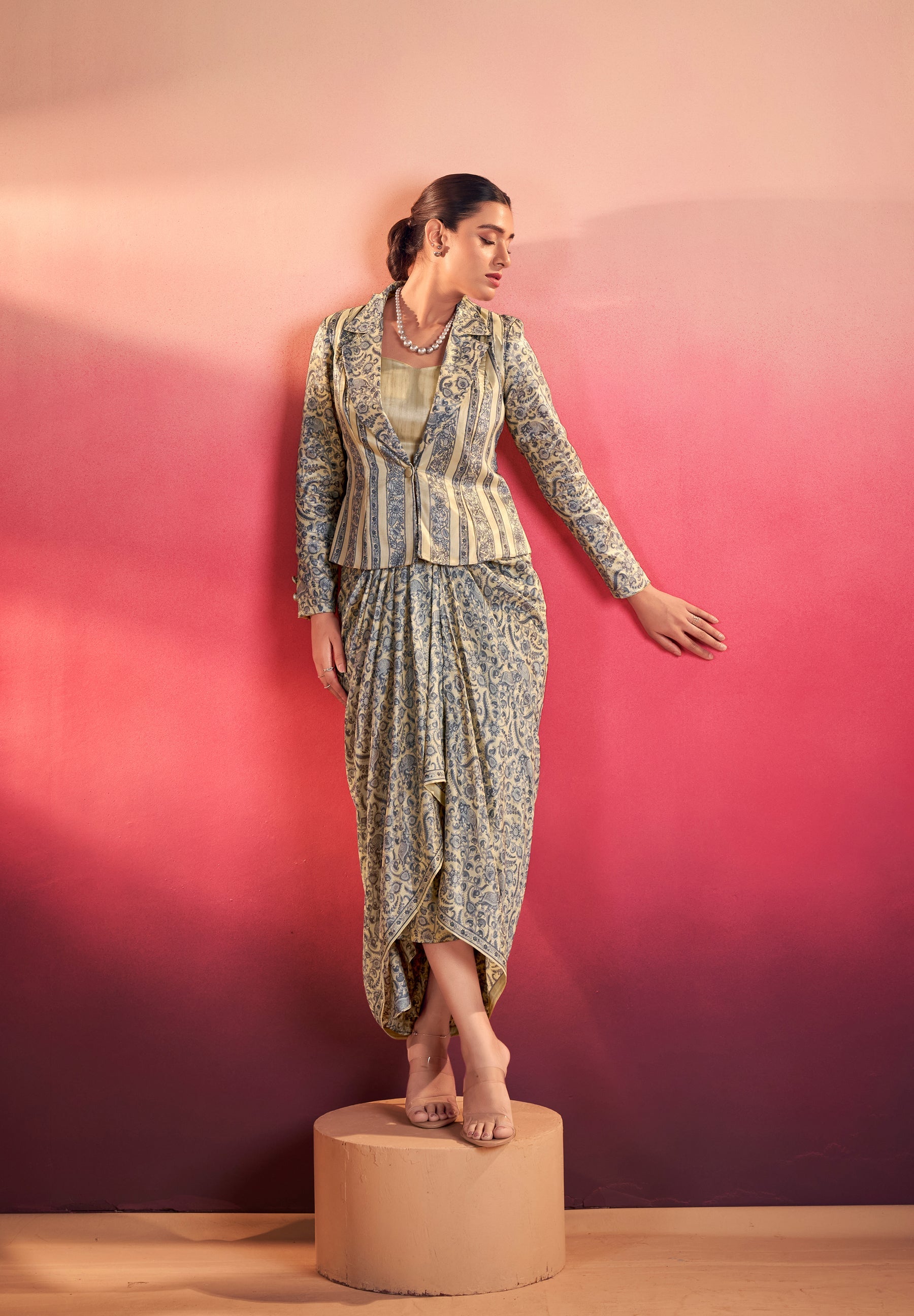 Multicolor Tasar Silk Printed Co-ord Set with Collared Blouse
