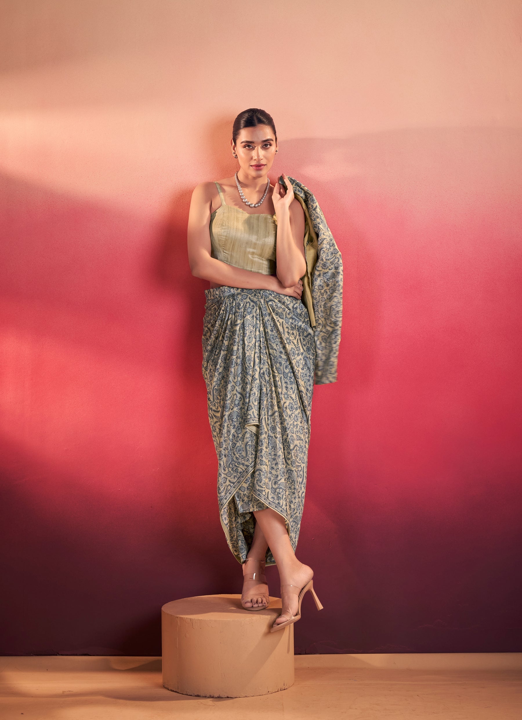 Multicolor Tasar Silk Printed Co-ord Set with Collared Blouse