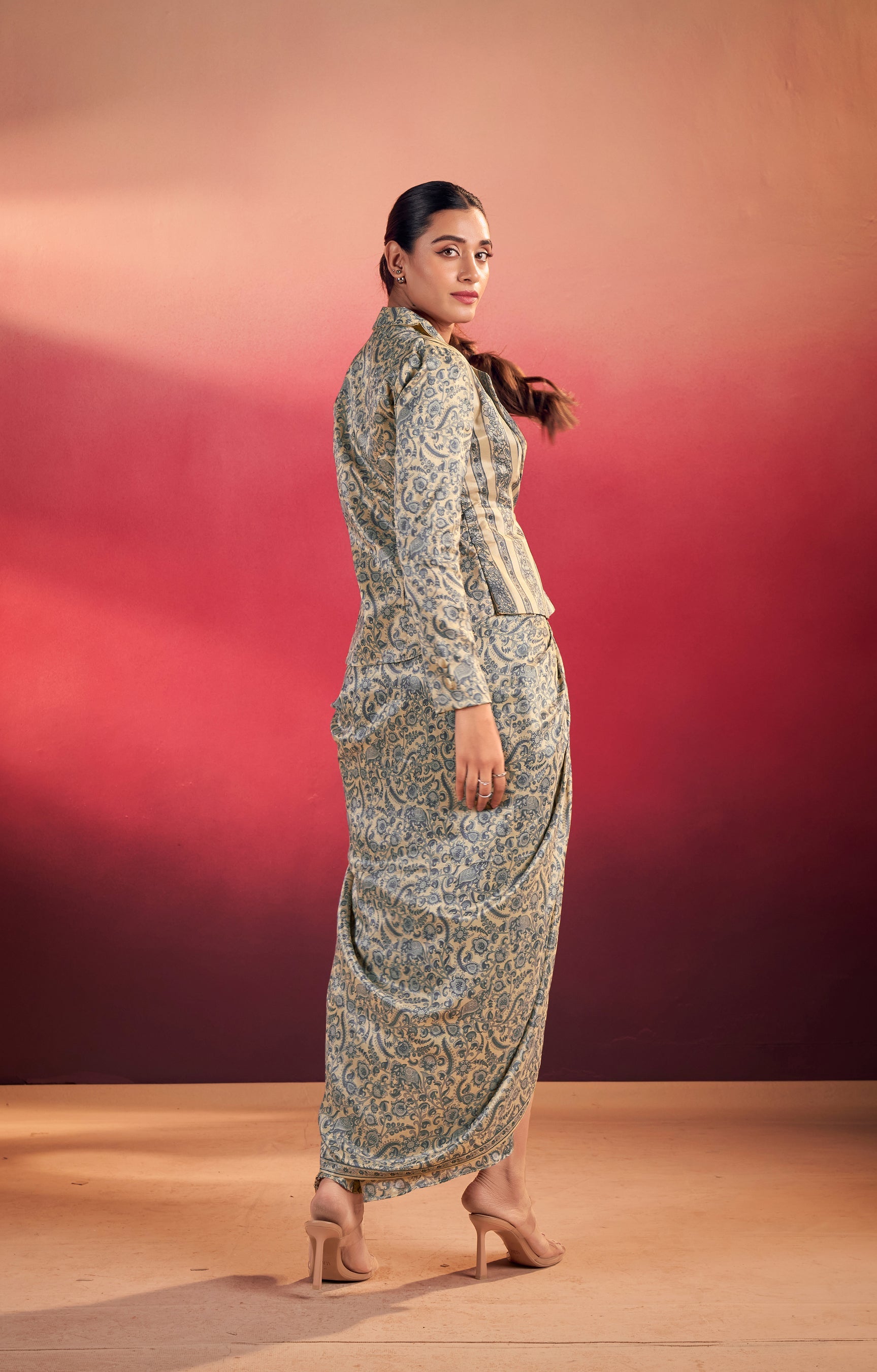 Multicolor Tasar Silk Printed Co-ord Set with Collared Blouse