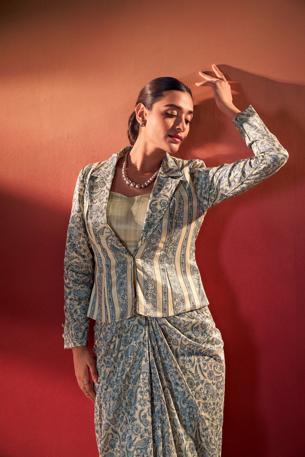 Multicolor Tasar Silk Printed Co-ord Set with Collared Blouse