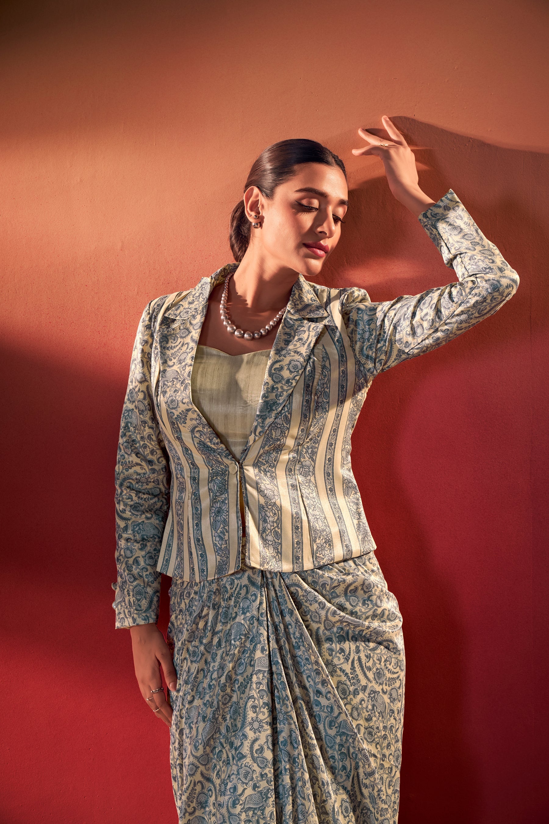 Multicolor Tasar Silk Printed Co-ord Set with Collared Blouse