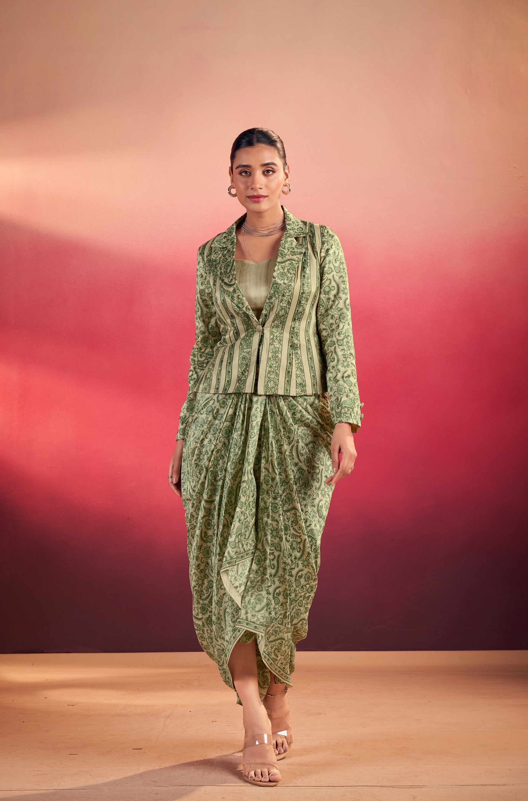 Multicolor Tasar silk co-ord set featuring a printed blouse and stylish matching bottom.