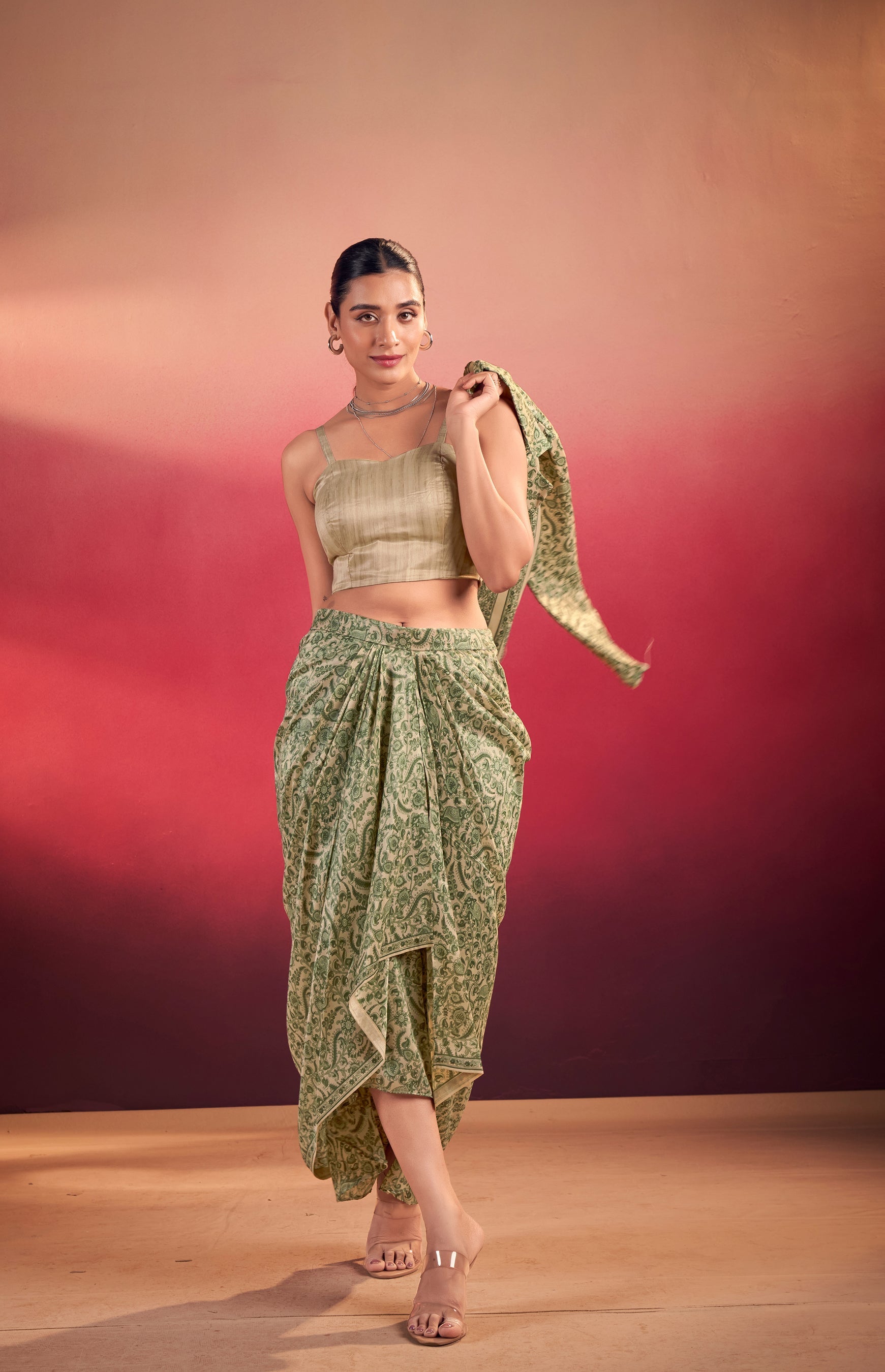 Multicolor Tasar Silk Printed Blouse and Stylish Bottom Co-ord