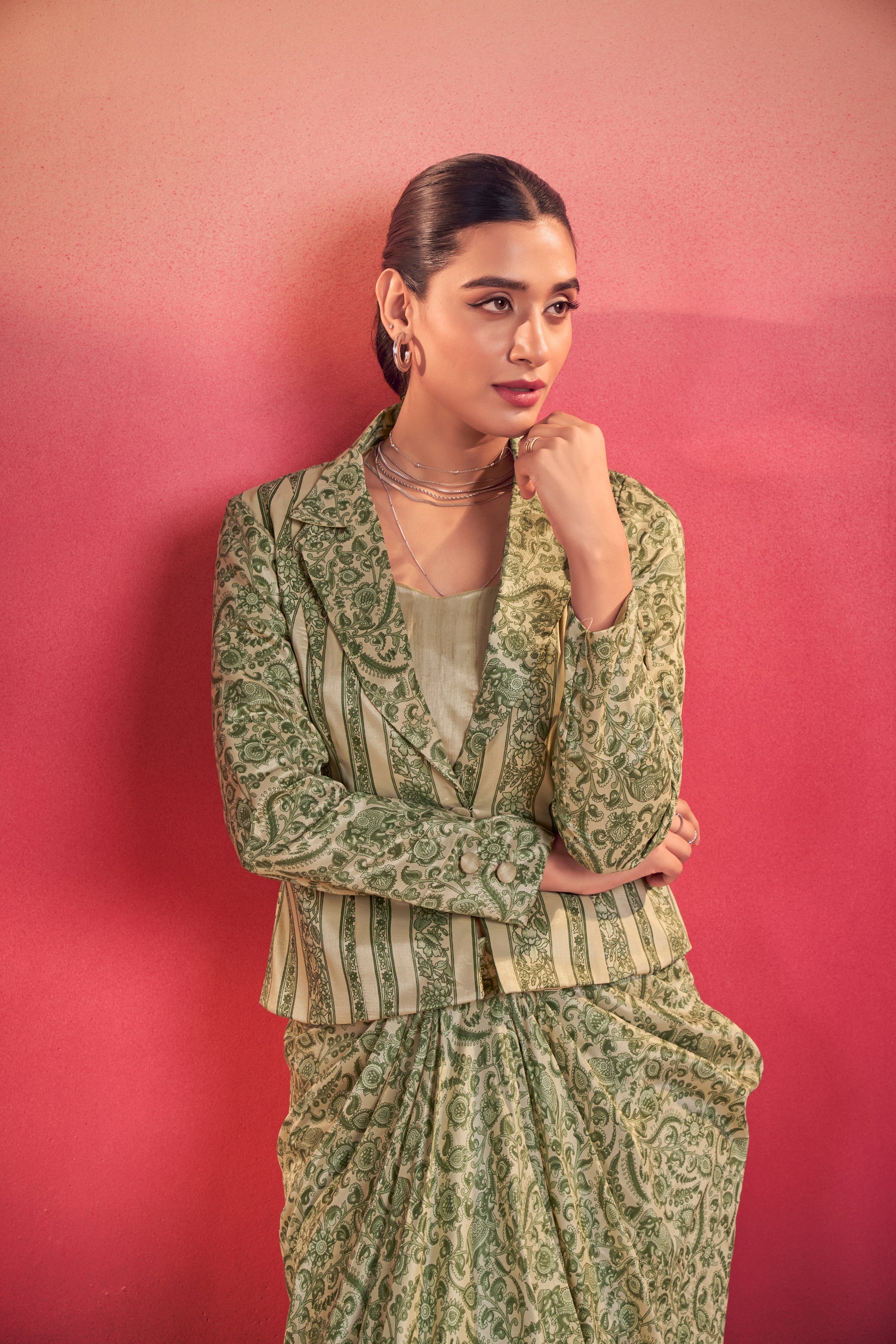Multicolor Tasar Silk Printed Blouse and Stylish Bottom Co-ord