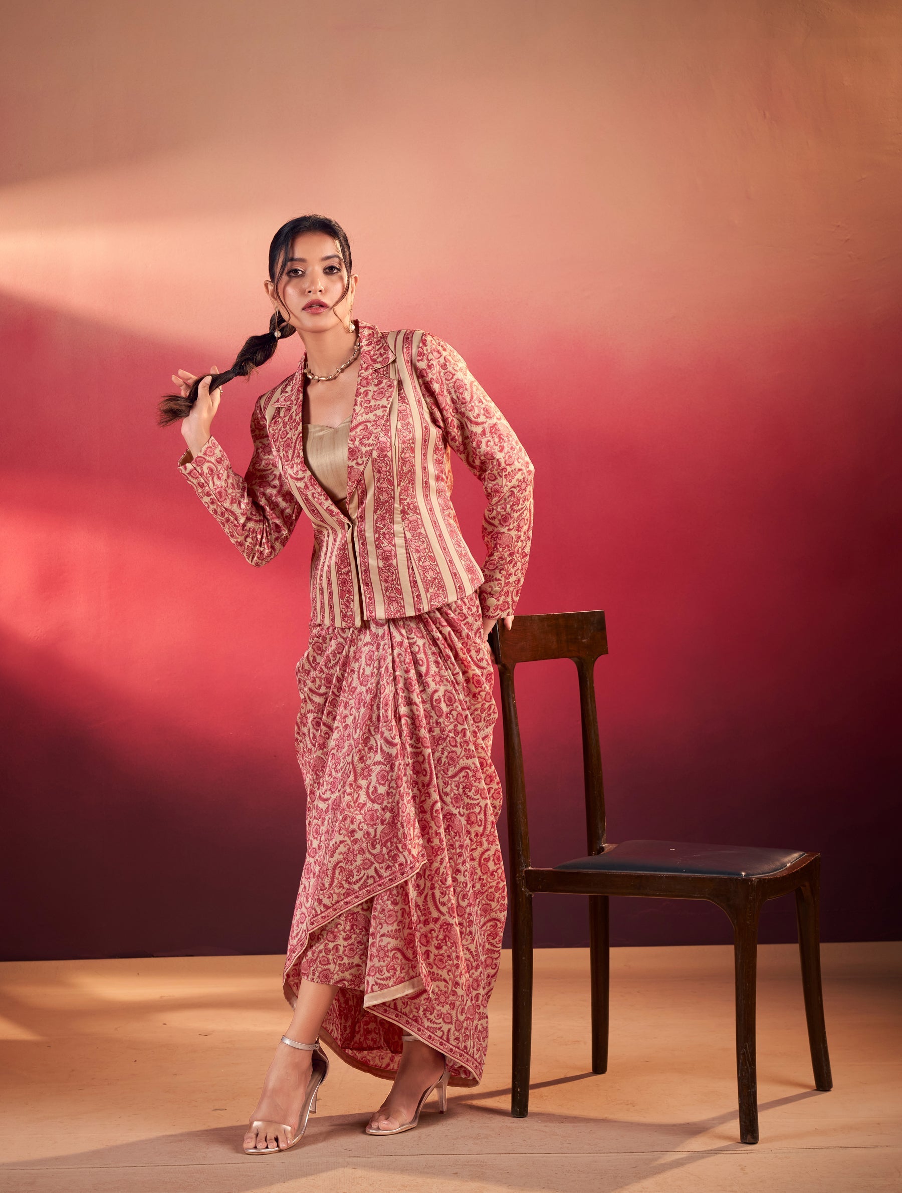 Multicolor Tasar Silk printed blouse and chic layered co-ord set