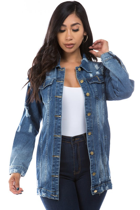 Classic Women's Denim Trucker Jacket featuring a button-up front and traditional collar