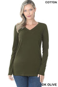 Dark Olive long sleeve V-neck top made from soft cotton spandex blend