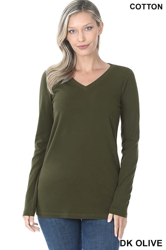 Dark Olive long sleeve V-neck top made from soft cotton spandex blend
