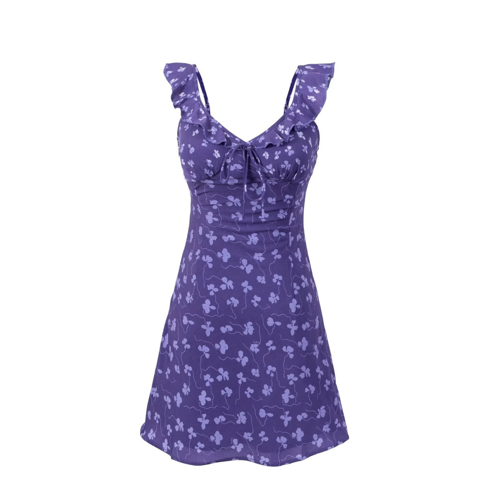 Vintage Ruffled V neck Lace up Printed Dress Summer Tight Waist Slim Holiday Short Suspender Dress
