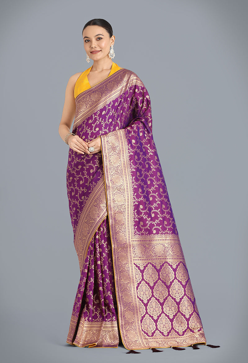 Purple Banarasi Silk wedding saree with traditional gold zari woven detailing