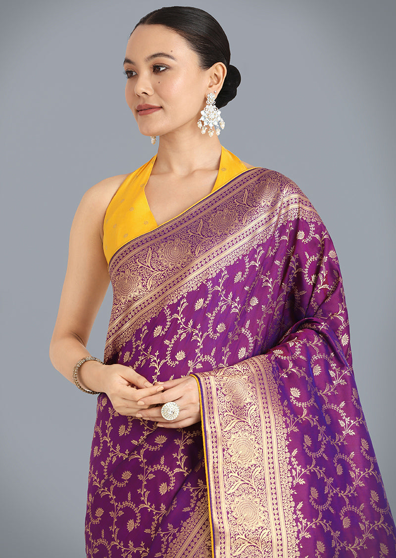 Purple Banarasi Silk Wedding Saree with Traditional Zari Weave