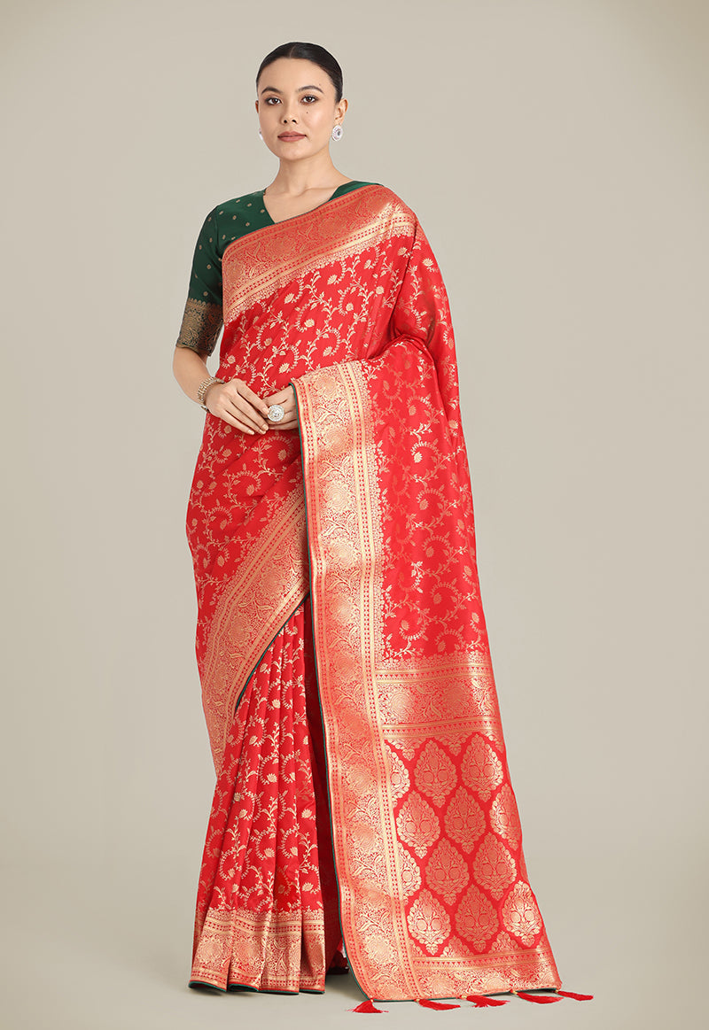 Classic Red Banarasi silk saree with traditional zari woven detailing