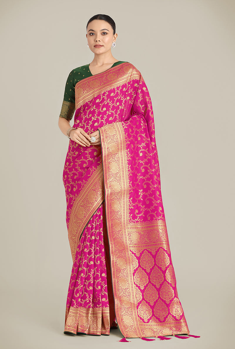 Rani Pink Banarasi Silk wedding saree with detailed gold zari woven patterns
