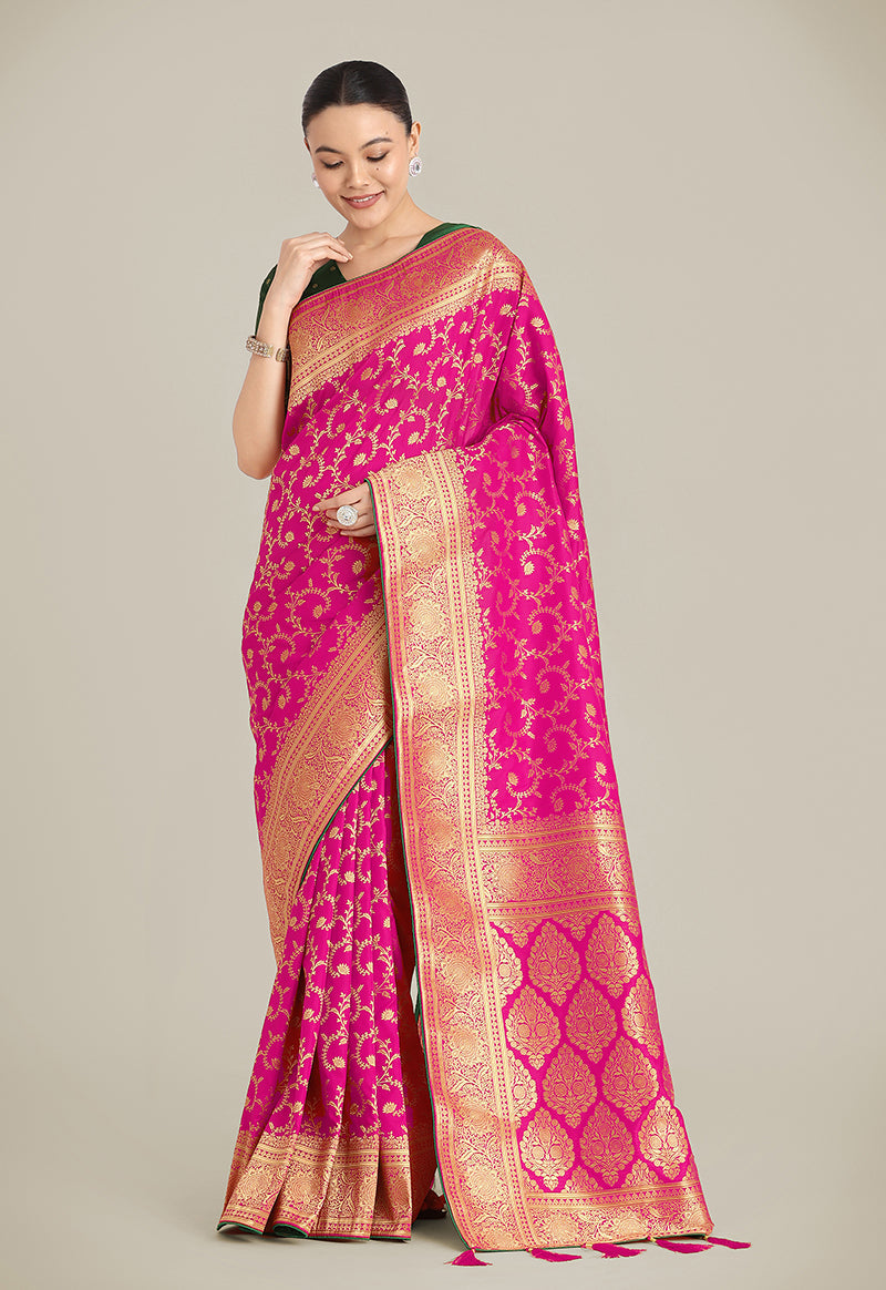Rani Pink Banarasi Silk Wedding Saree with Zari Woven Pattern