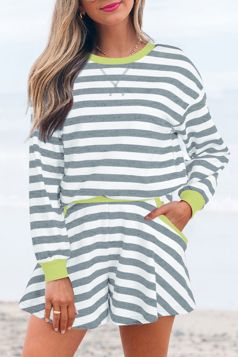 Stripe Contrast Ribbed Top and Shorts Set