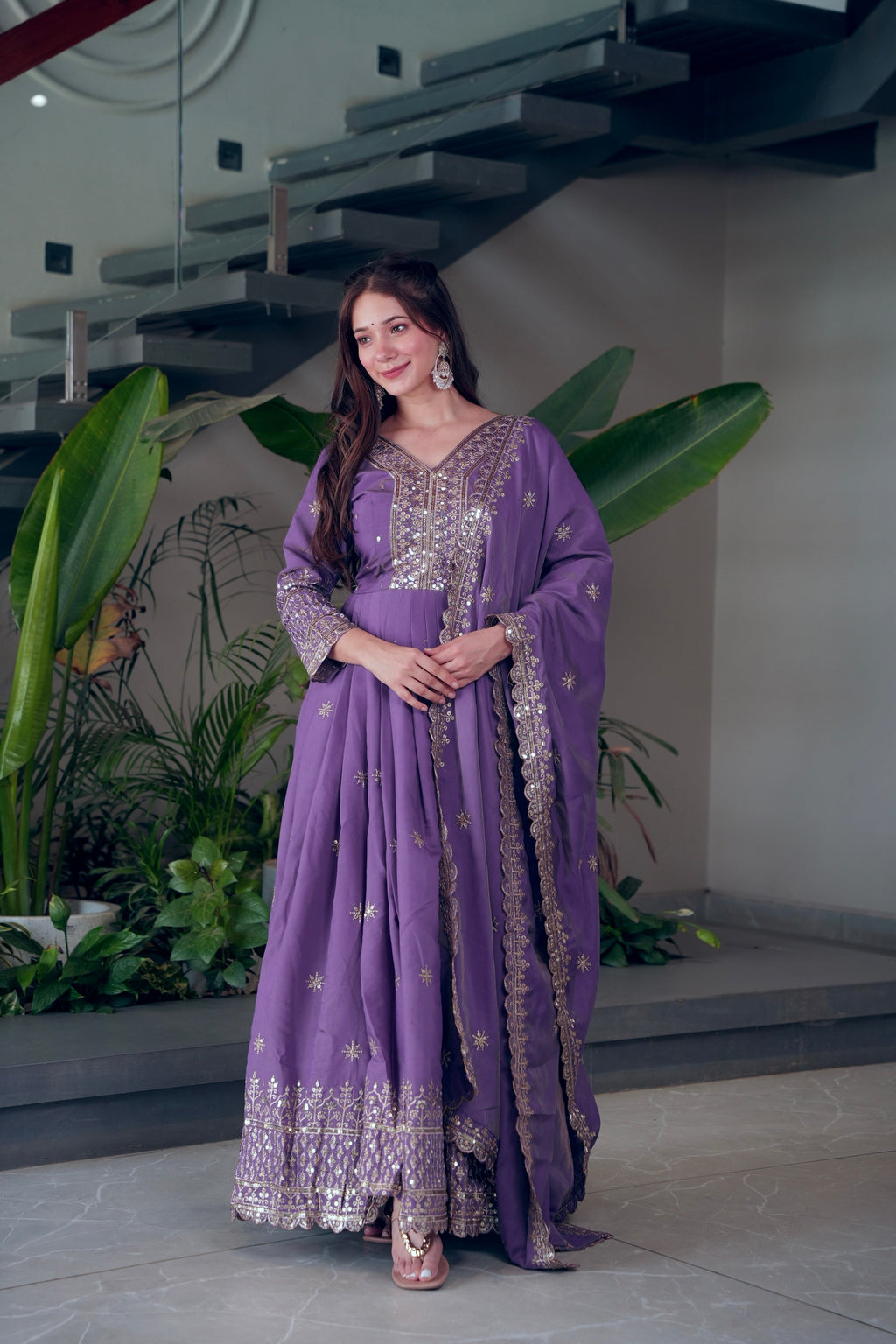 Lavender shimmer silk Anarkali gown with detailed embroidery and sequins work and matching dupatta