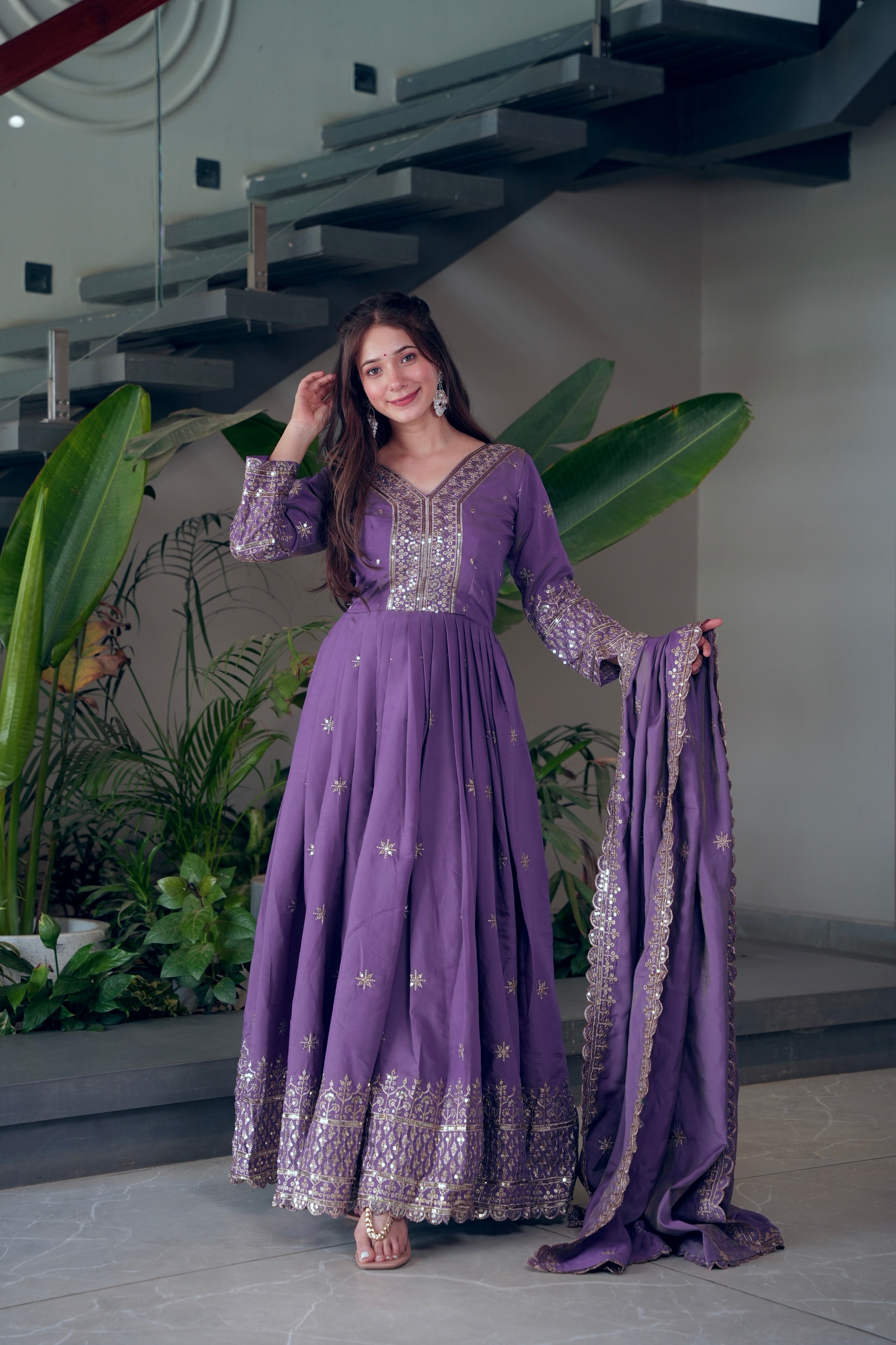 Lavender Shimmer Silk Anarkali Gown with Embroidery Sequins