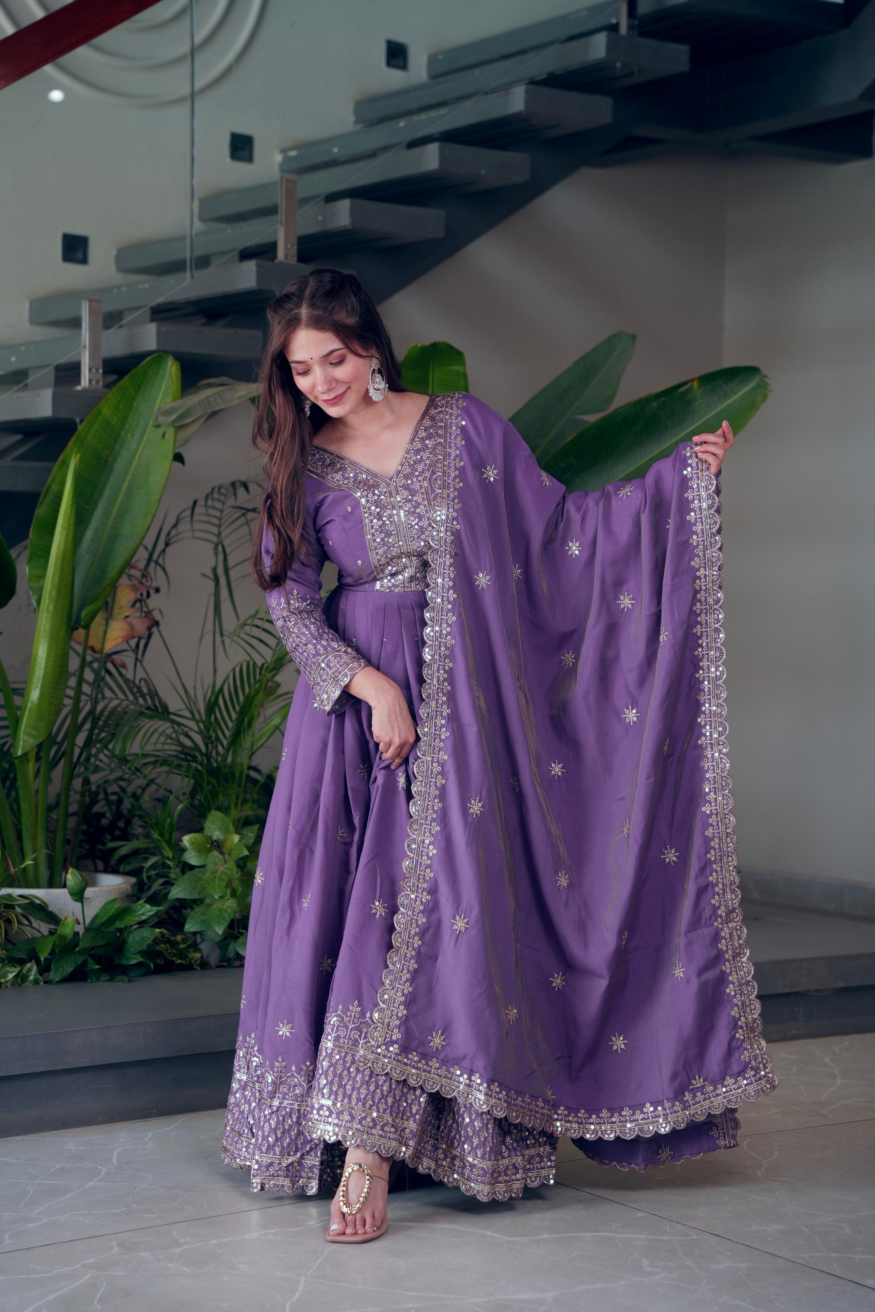 Lavender Shimmer Silk Anarkali Gown with Embroidery Sequins