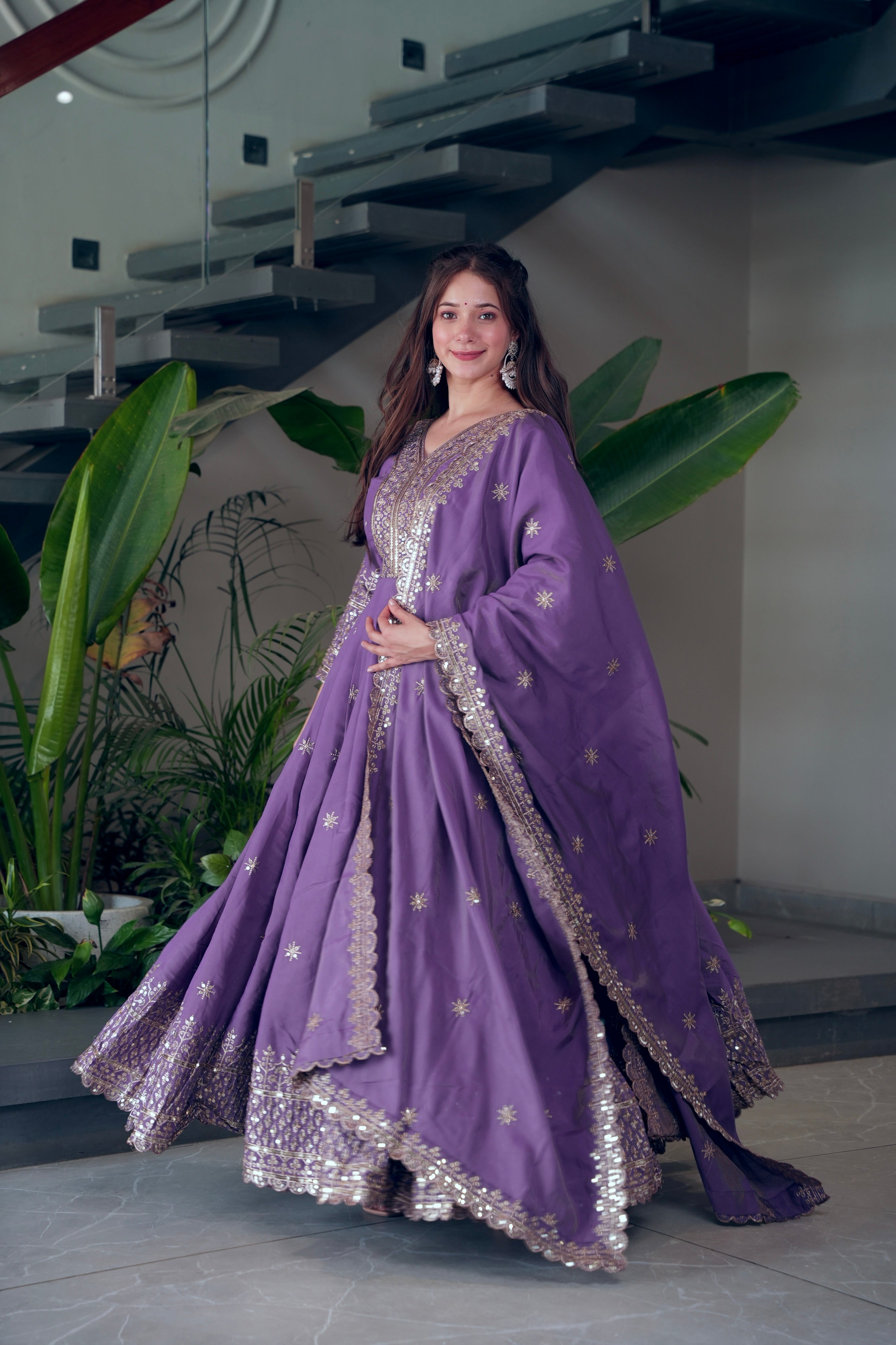 Lavender Shimmer Silk Anarkali Gown with Embroidery Sequins