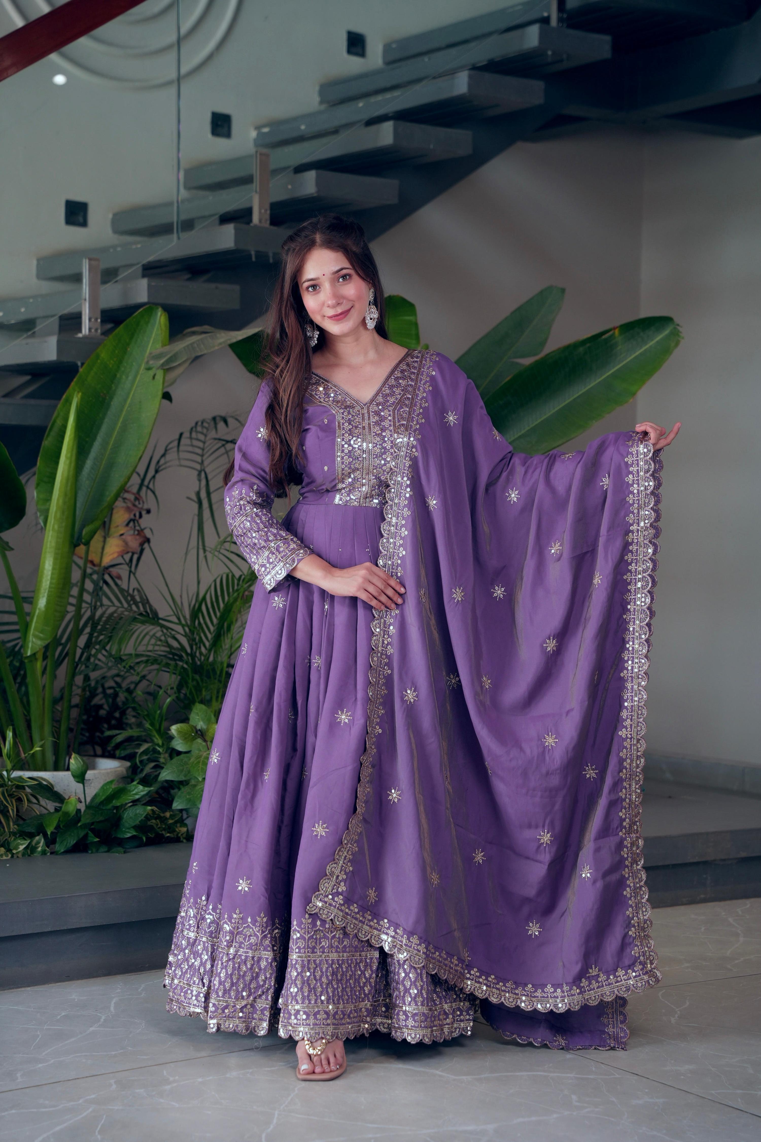 Lavender Shimmer Silk Anarkali Gown with Embroidery Sequins