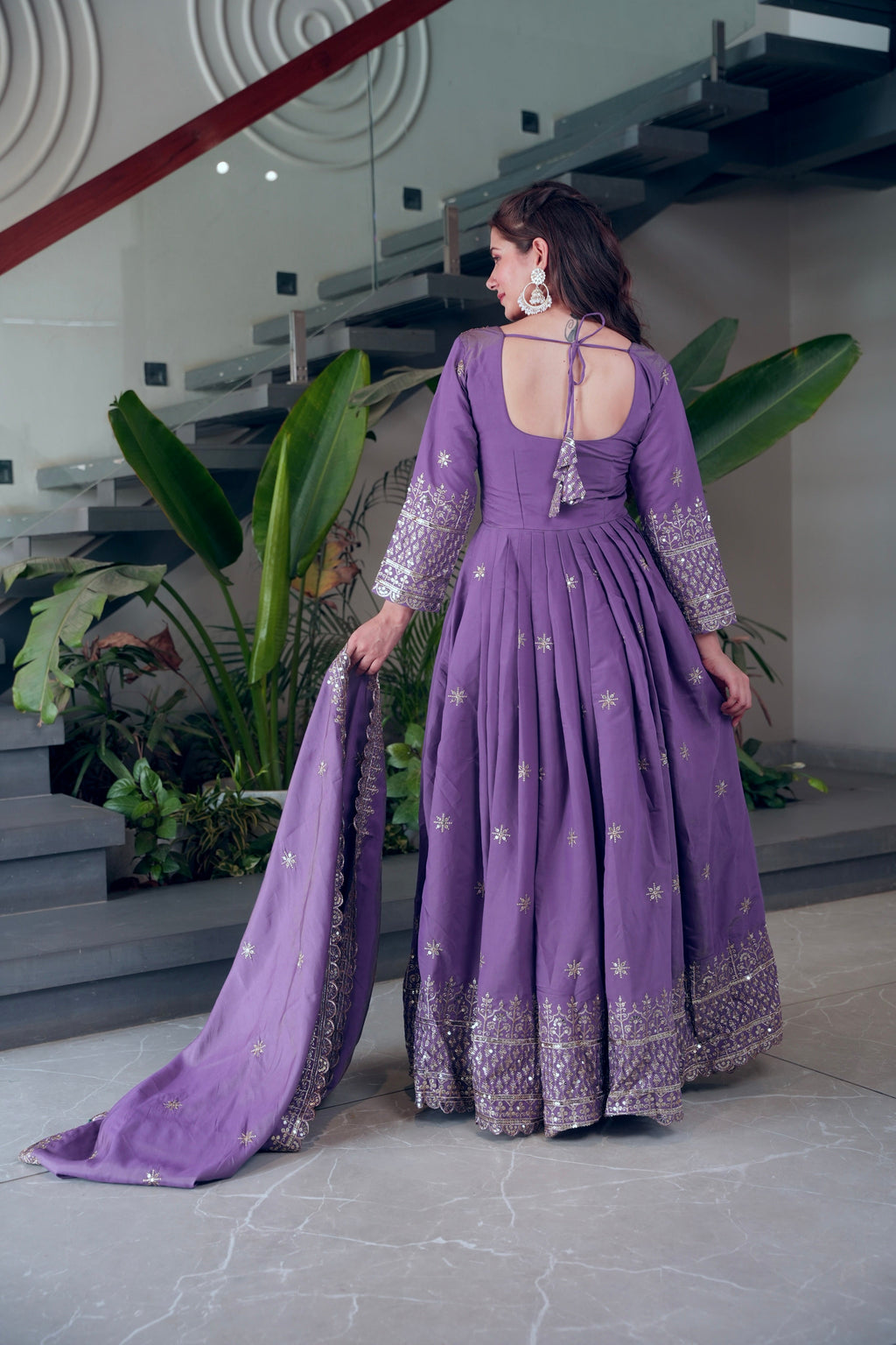 Lavender Shimmer Silk Anarkali Gown with Embroidery Sequins