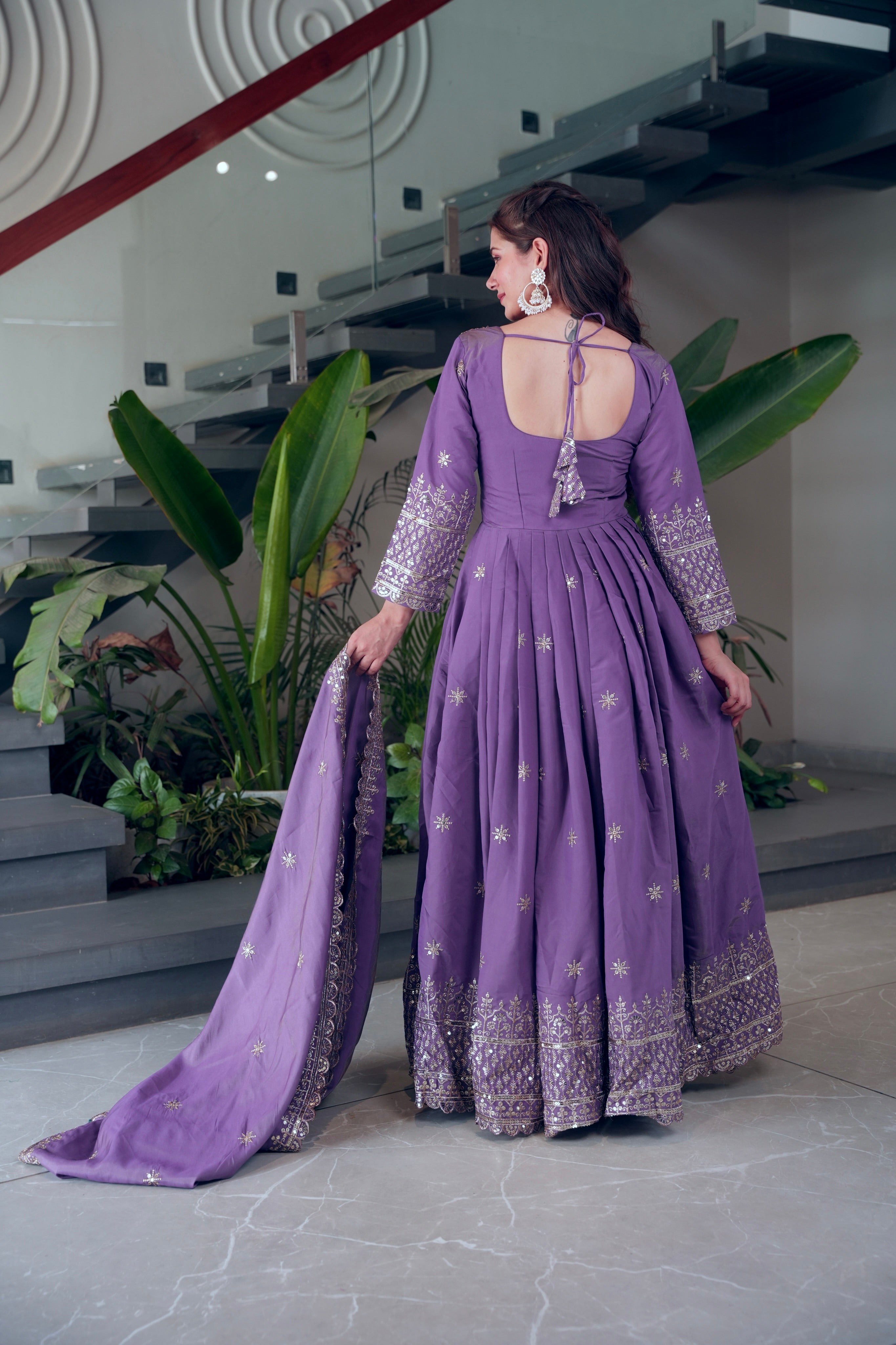 Lavender Shimmer Silk Anarkali Gown with Embroidery Sequins