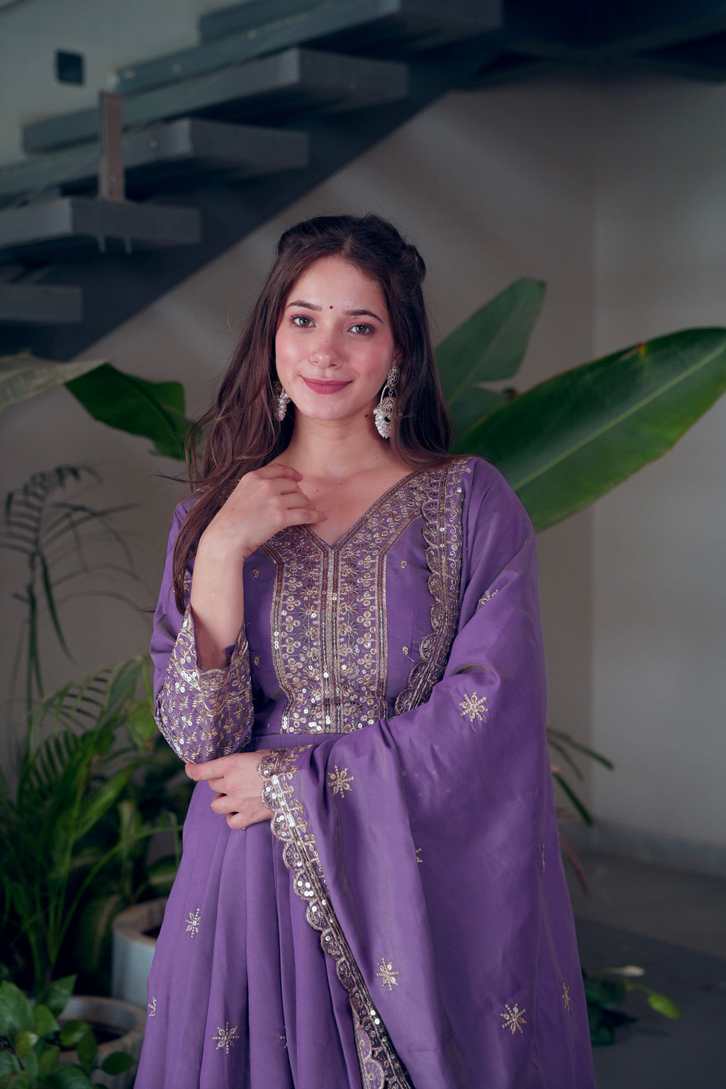 Lavender Shimmer Silk Anarkali Gown with Embroidery Sequins