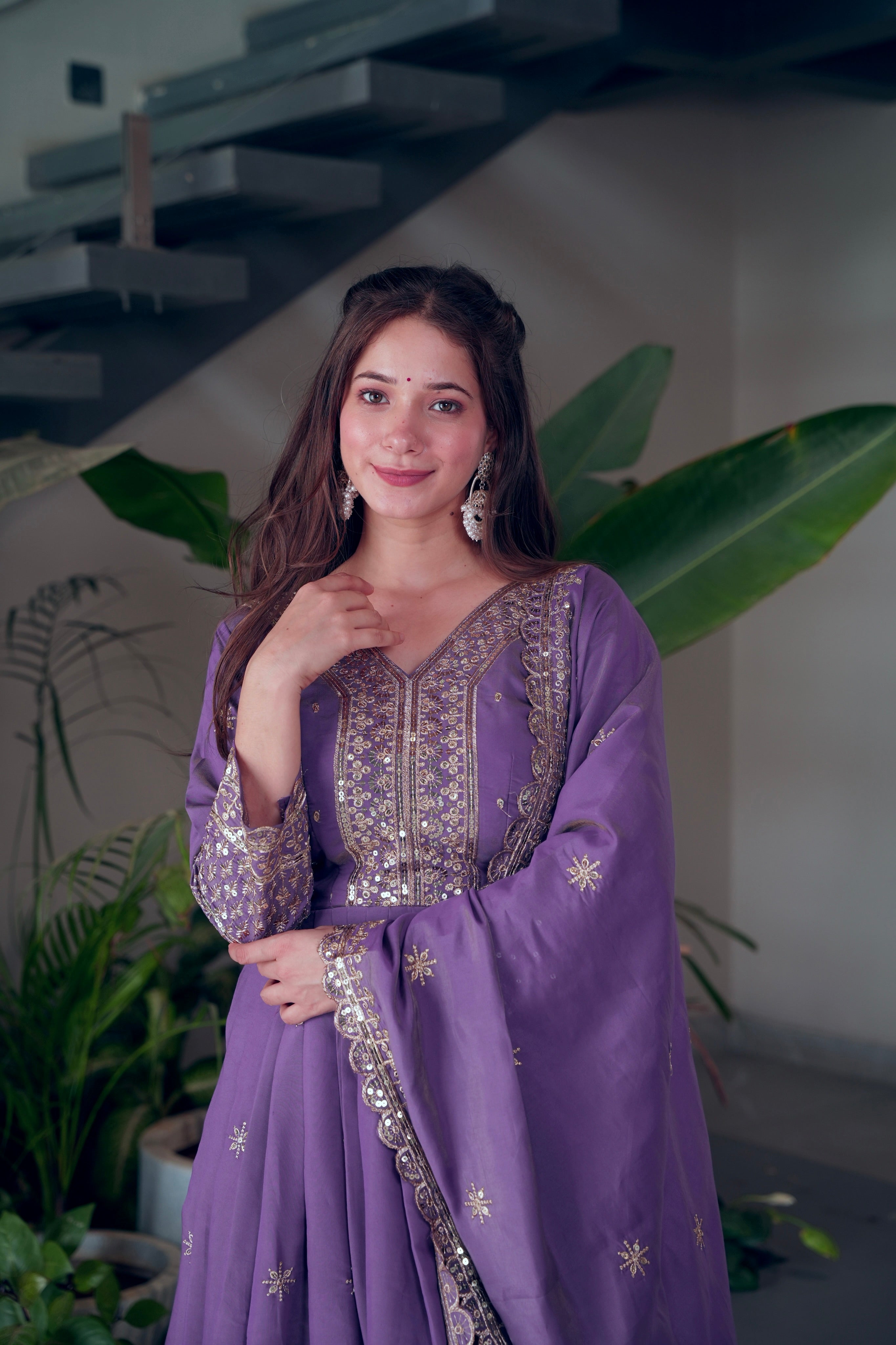 Lavender Shimmer Silk Anarkali Gown with Embroidery Sequins