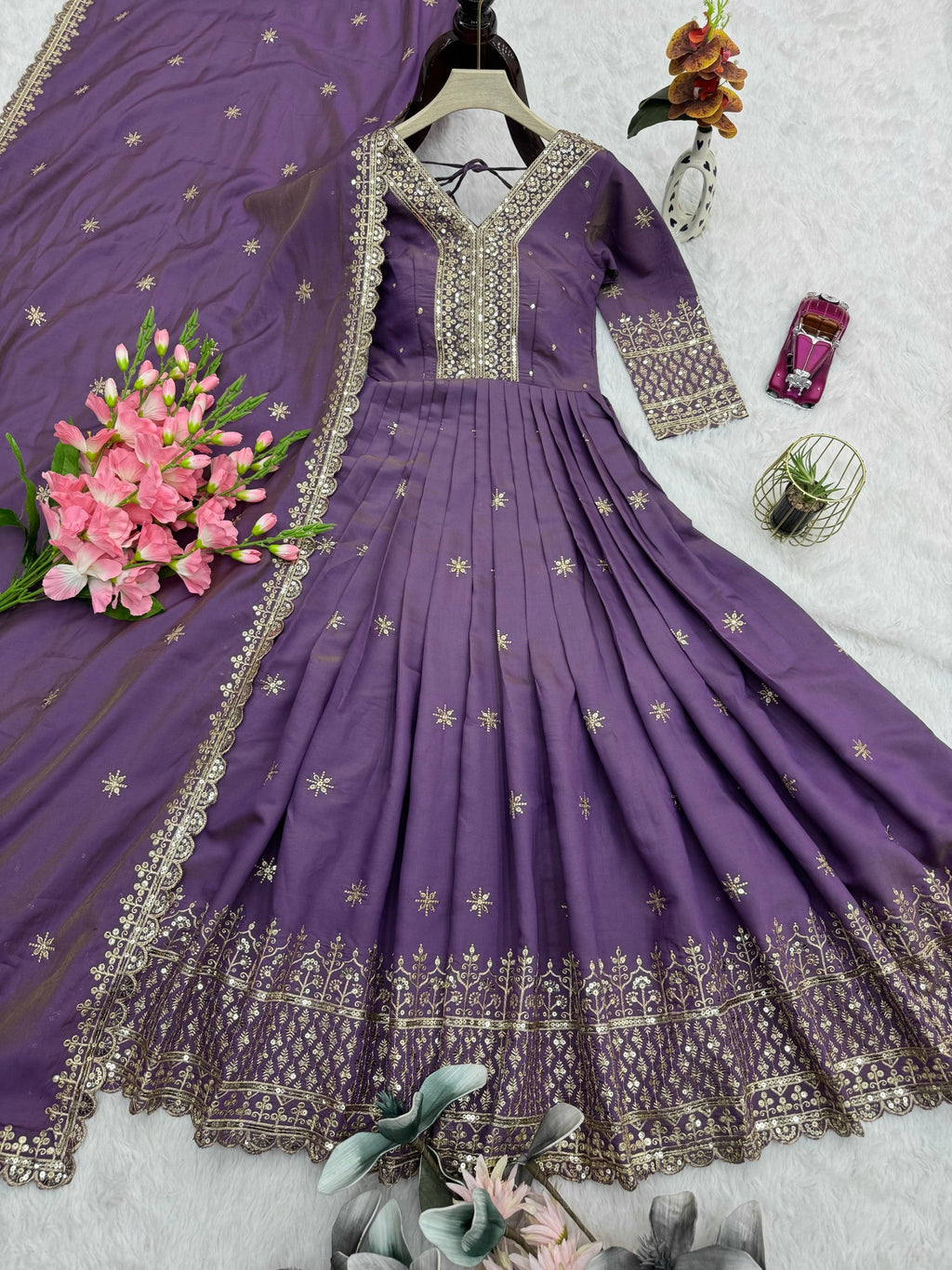 Lavender Shimmer Silk Anarkali Gown with Embroidery Sequins