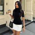 Women Clothing Spring Personality Stitching Contrast Color Half Turtleneck Half Sleeve Skinny Sheath Dress