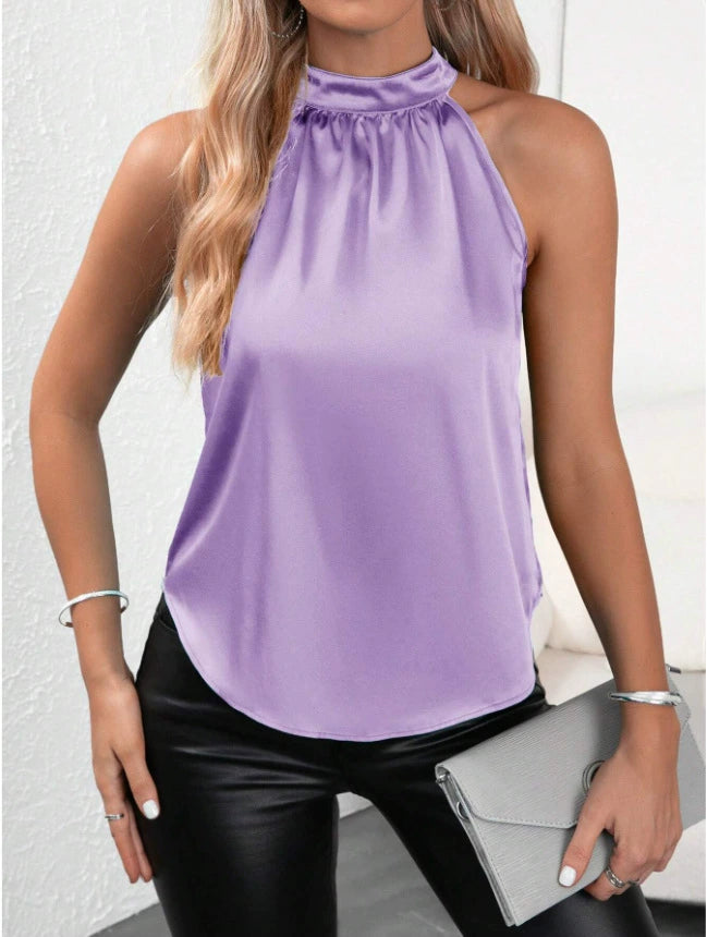 Summer Satin Vest Women Solid Color off Shoulder Halter Sleeveless Top