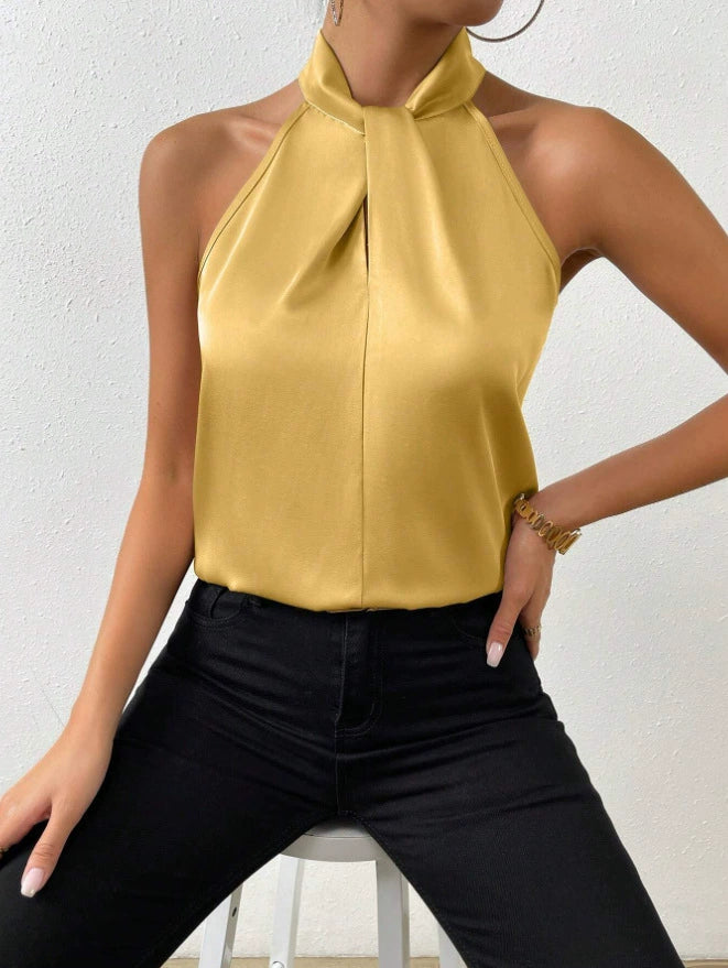 Summer Women Clothing Satin Halter Sleeveless Vest Satin Artificial Silk Top