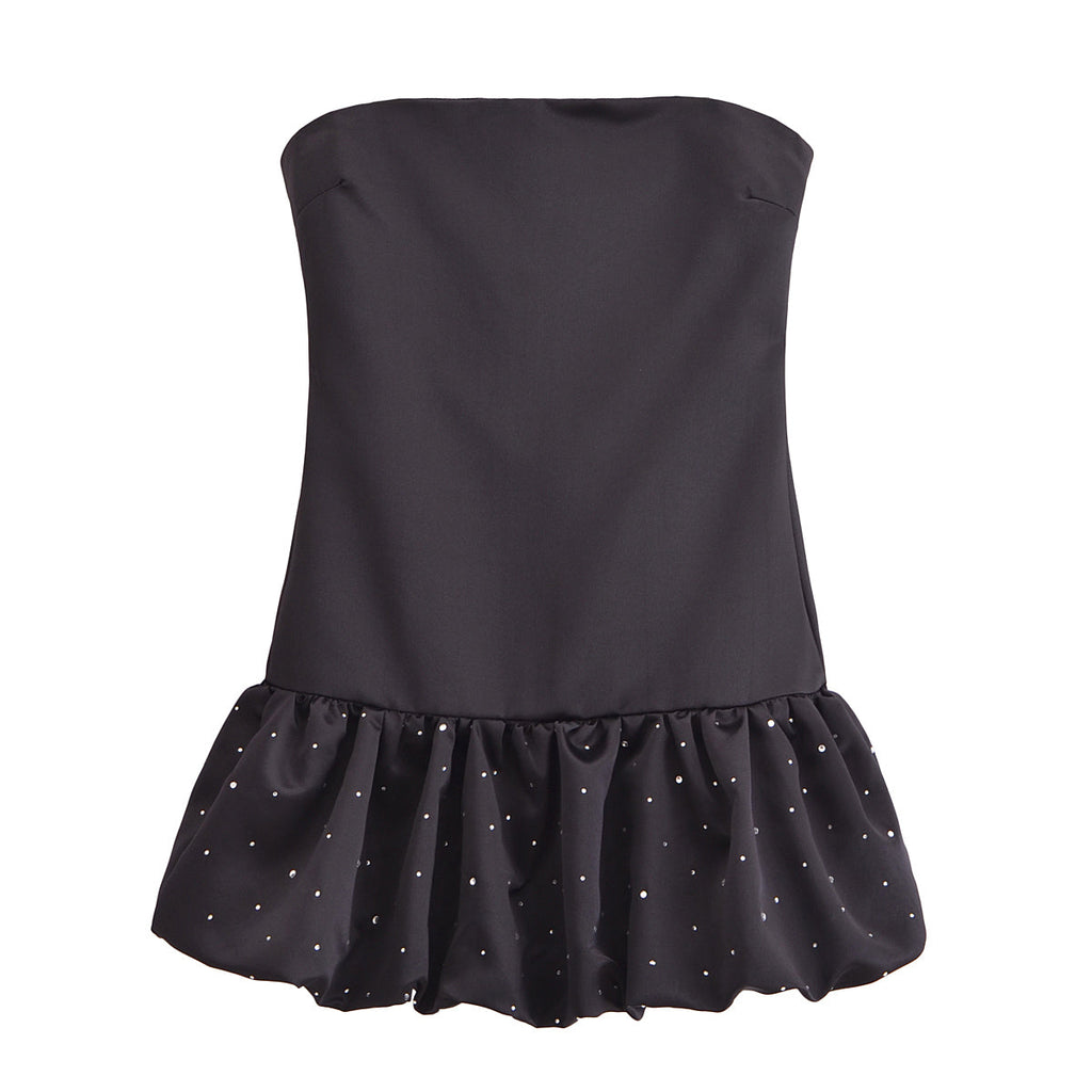 Women Rhinestone Balloon Version Silk Satin Texture Dress