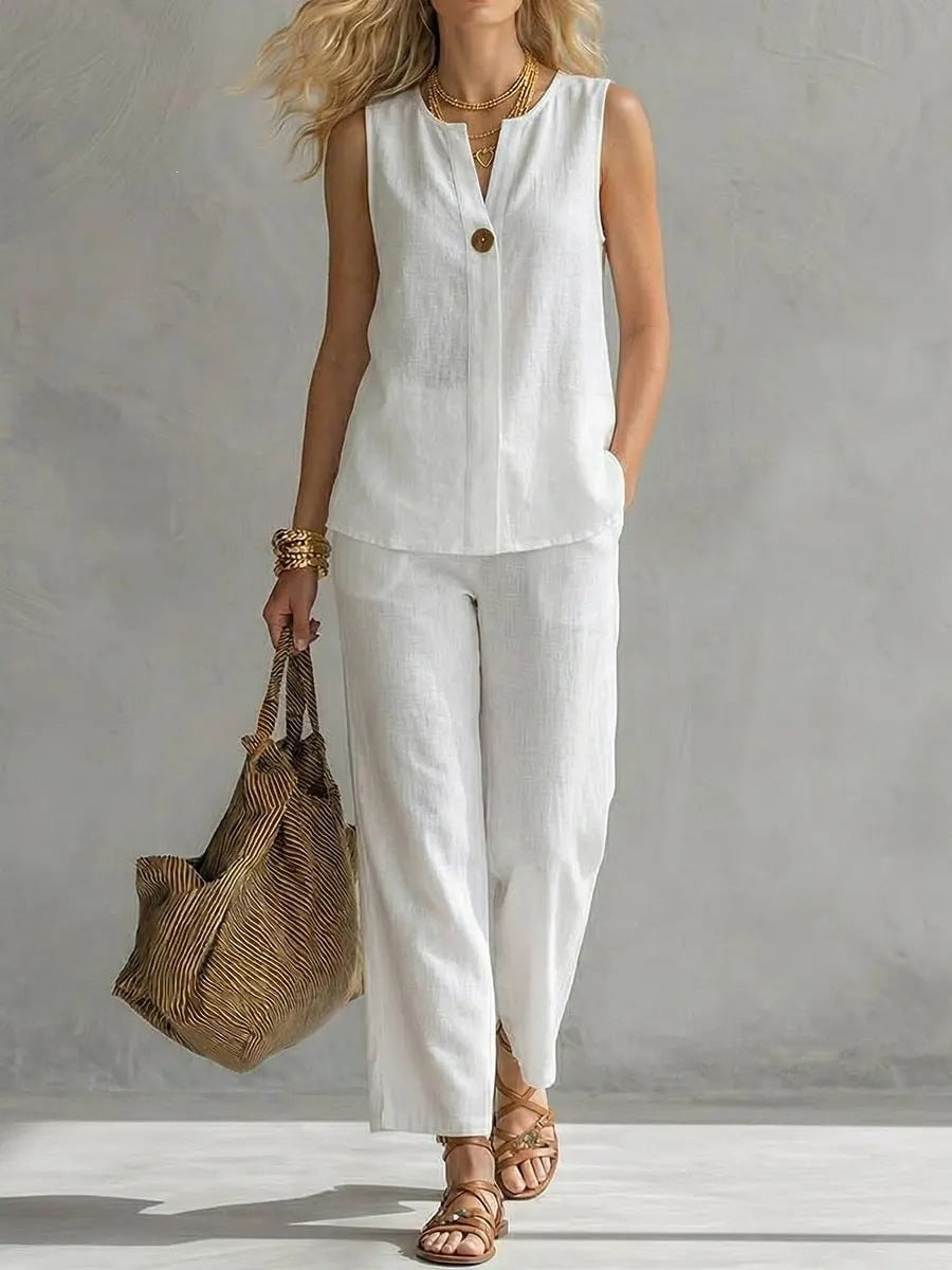 Women's Sleeveless V-Neck Top and Wide Leg Pant Two-Piece Set