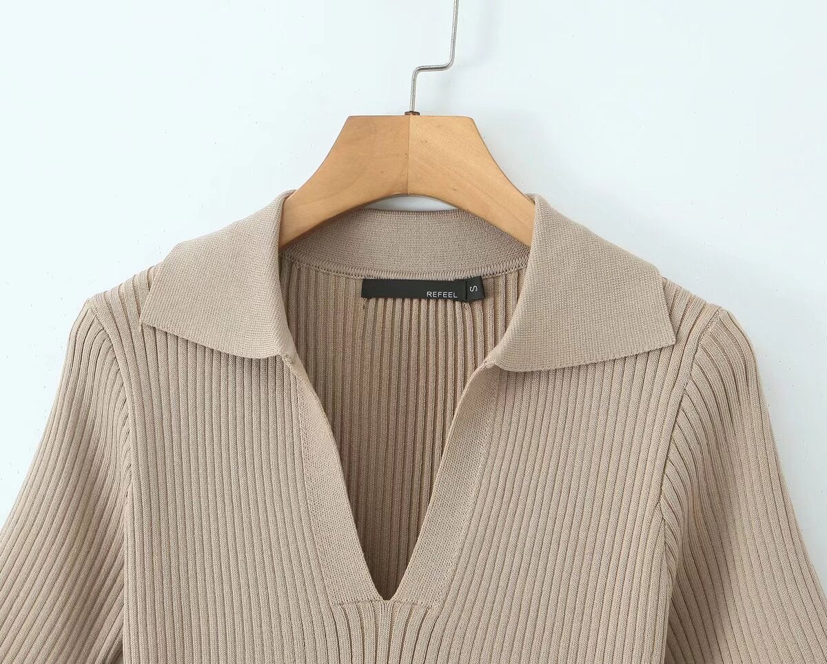 Spring Women Clothes Polo Collar Design Slim Fit Slimming Waist Trimming Knitted Short Sleeve Deep V Plunge neck Dress