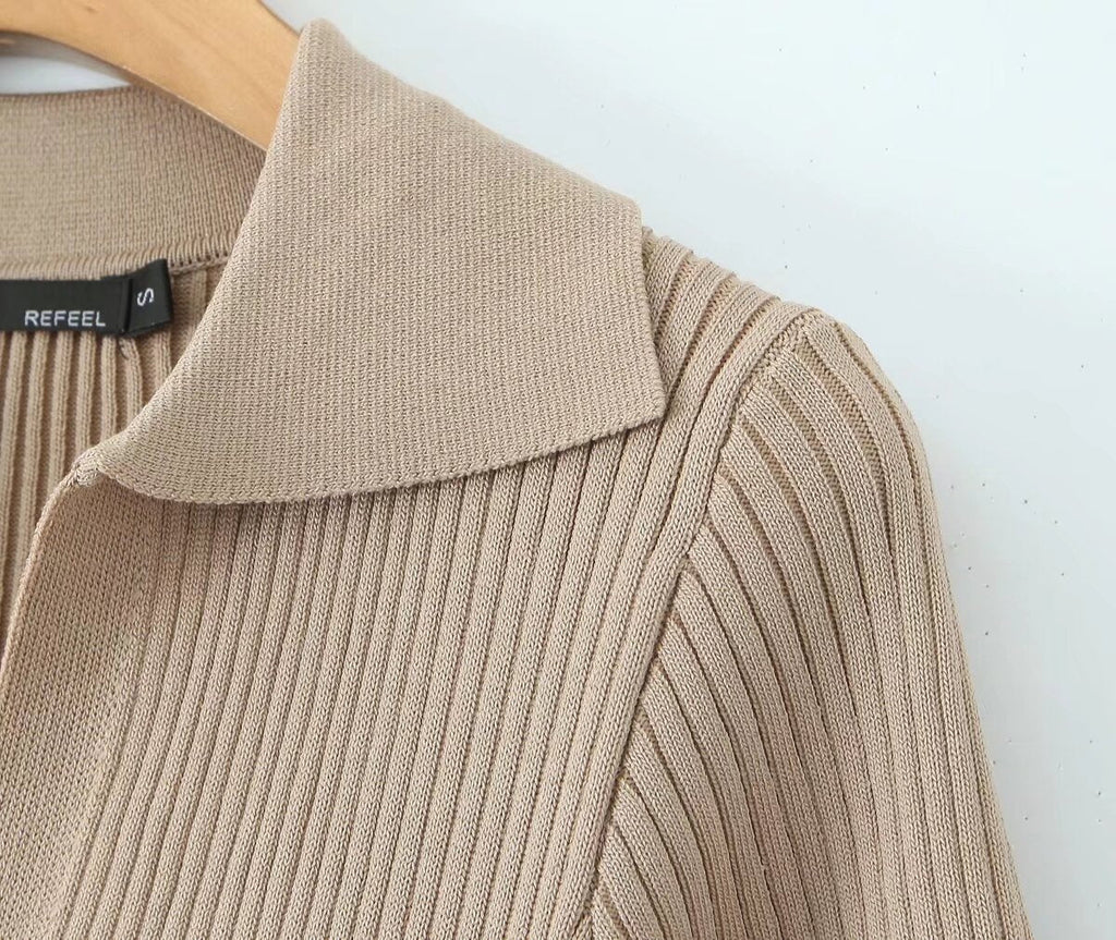 Spring Women Clothes Polo Collar Design Slim Fit Slimming Waist Trimming Knitted Short Sleeve Deep V Plunge neck Dress