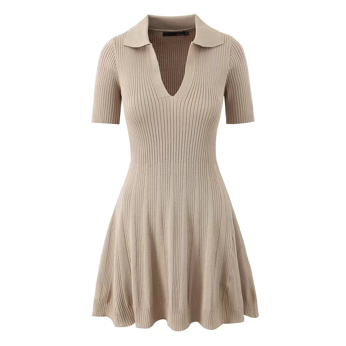 Spring Women Clothes Polo Collar Design Slim Fit Slimming Waist Trimming Knitted Short Sleeve Deep V Plunge neck Dress