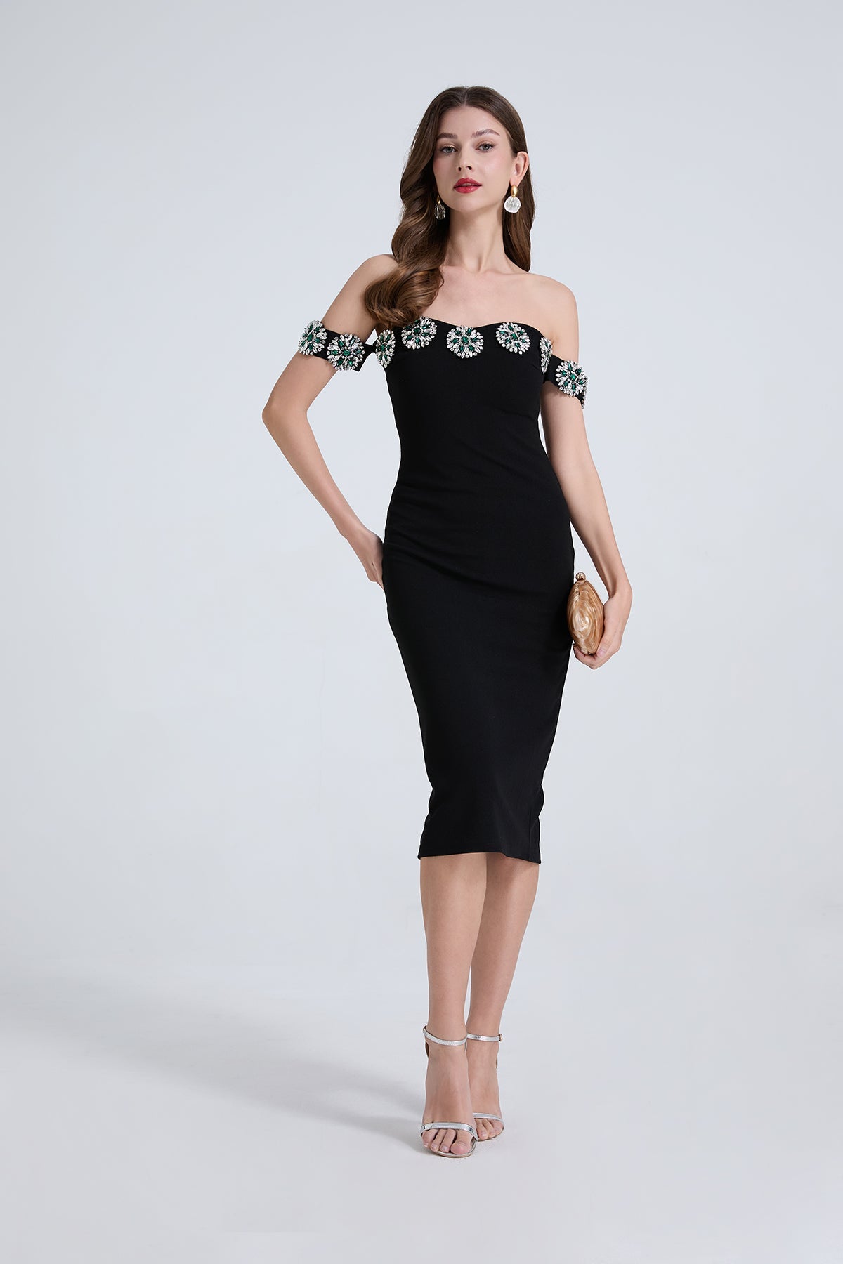Women Nail Diamond One Line Shoulder Diamond Slim Slit Dress