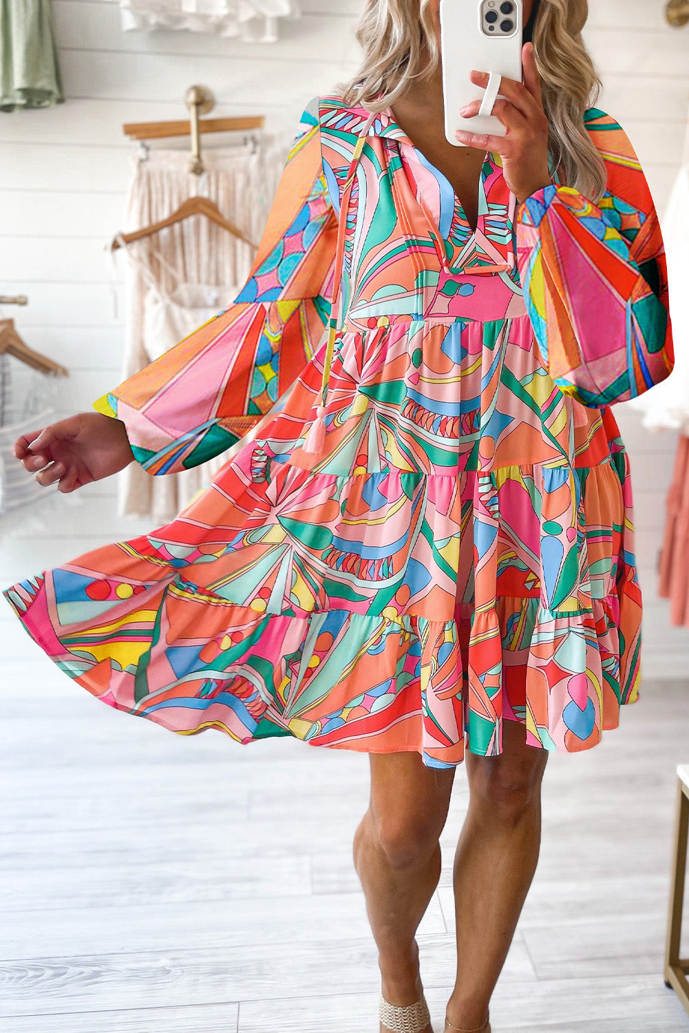 Multicolored Abstract Print Tie Neck Mini Dress