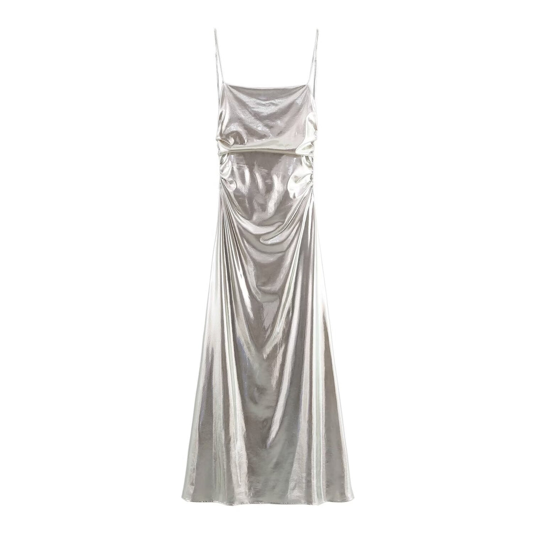 Women Clothing Metal Foil Pleated Slim Strap Dress