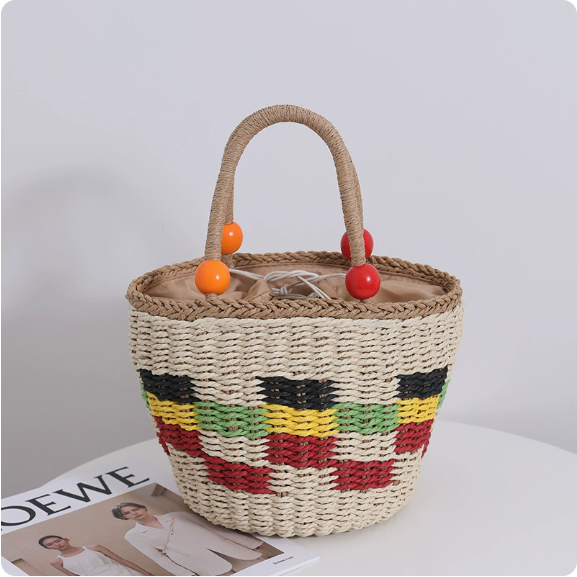Woven Straw Picnic Basket Bag with Colorful Wooden Bead Accents