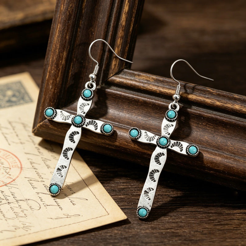 Western Turquoise Cross-shaped Earrings Vintage-style Jewelry