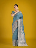 Dusty Cyan Banarasi Satin Silk saree with traditional zari woven details