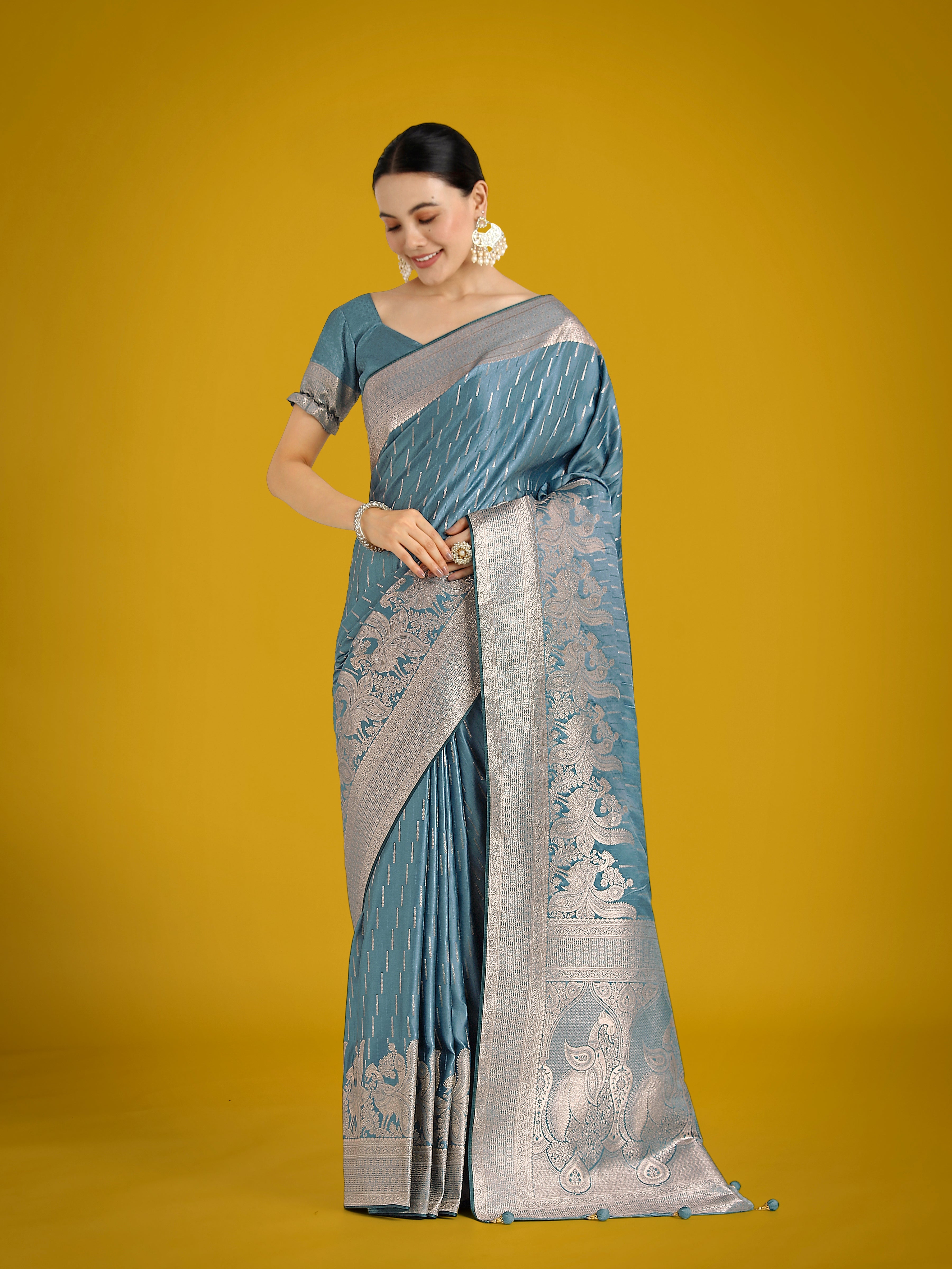 Dusty Cyan Banarasi Satin Silk Saree with Elegant Zari Weaving