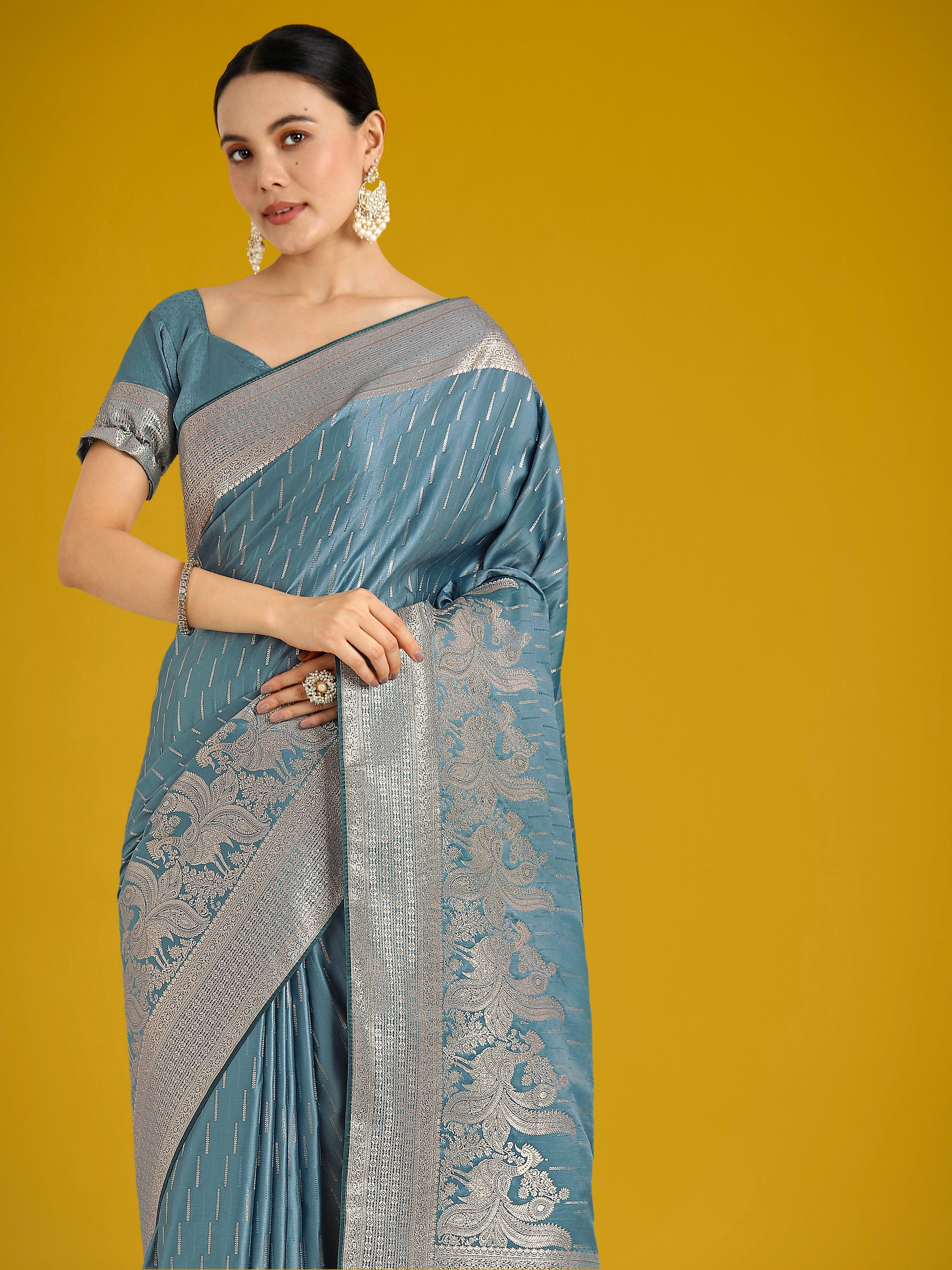 Dusty Cyan Banarasi Satin Silk Saree with Elegant Zari Weaving